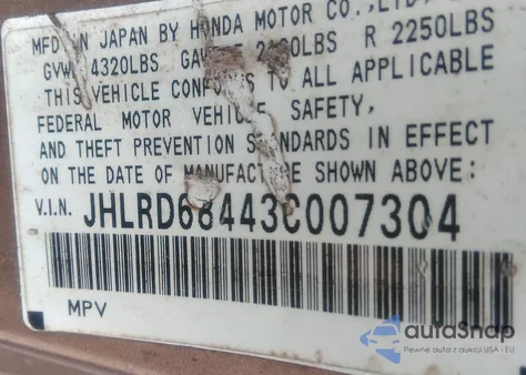 2003 Honda Cr-V Lx из США, поврежденный, VIN JHLRD68443C007304